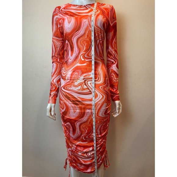 NWT Floerns Womens Marble Print Drawstring Side Bodycon Dress Orange White SZ M - Picture 6 of 13